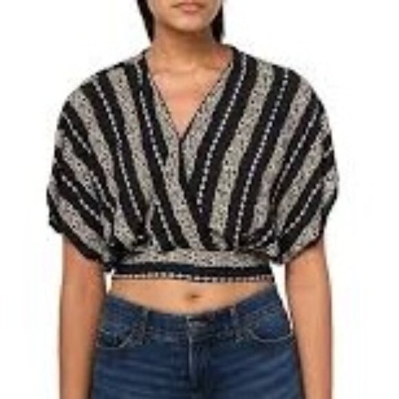 Angie Wrap Top with Flutter Sleeves Black with Gold Floral Pattern - SZ S - NWT - Picture 1 of 6